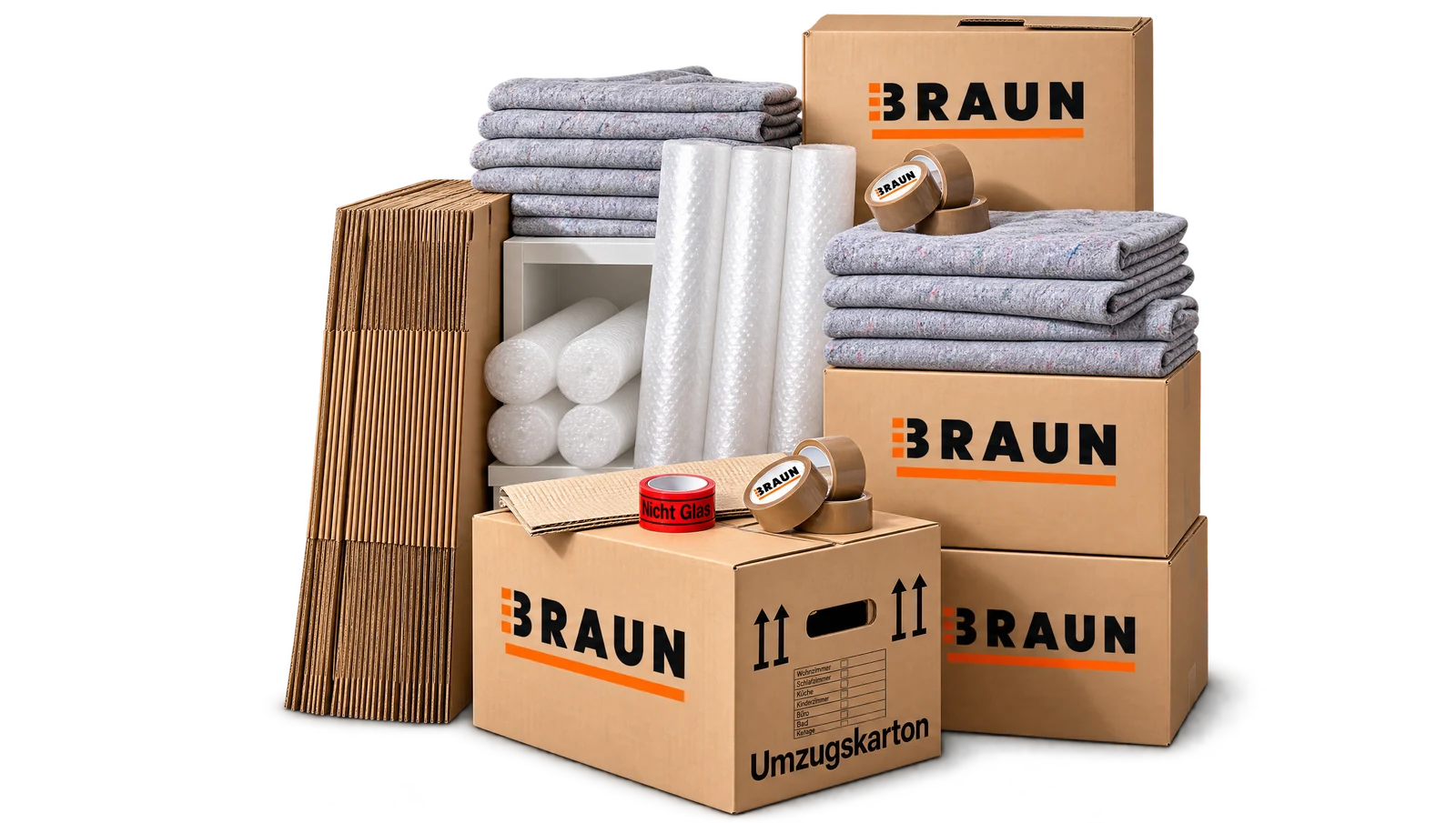BRAUN-Umzugskartons, Schutzdecken, Luftpolsterfolie und Klebeband.