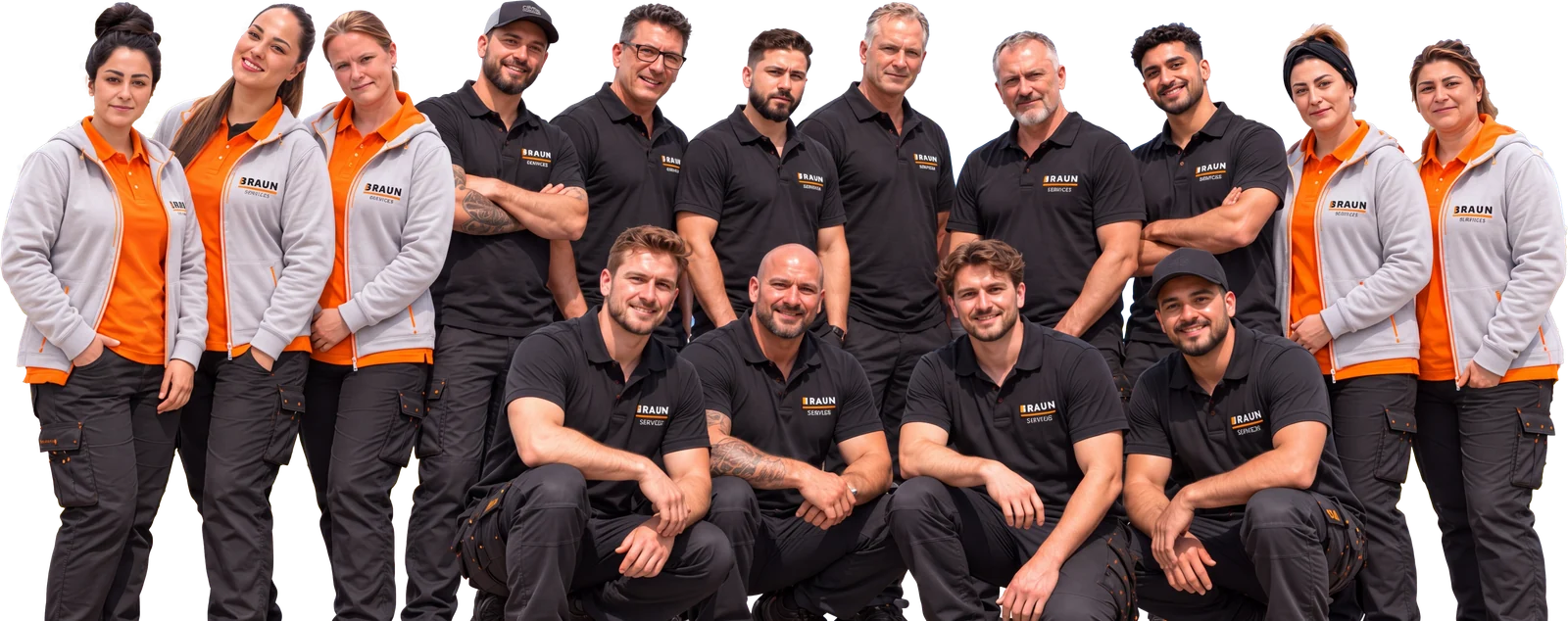 Das BRAUN-Team in orangefarbener und schwarzer Arbeitskleidung.