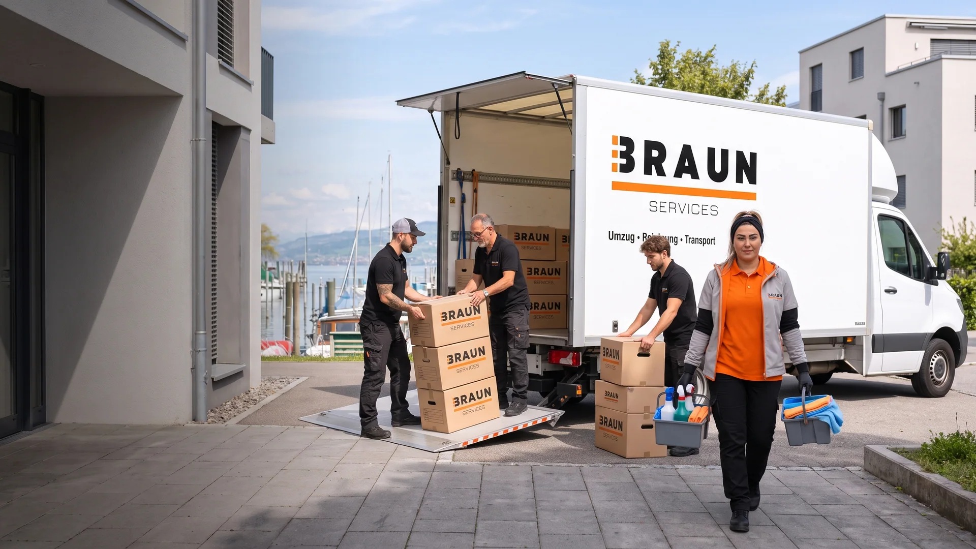 BRAUN-Team lädt Umzugskartons nahe dem Arboner Bodenseeufer aus.