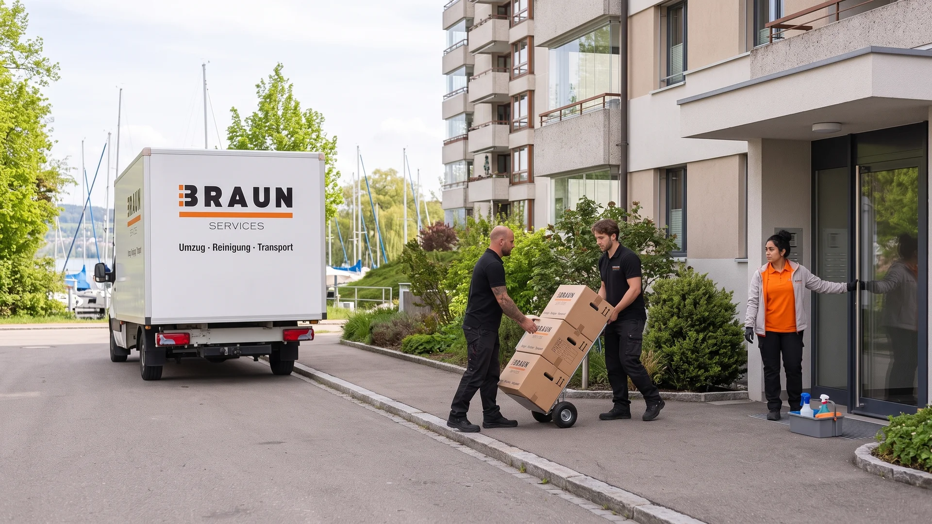 BRAUN-Umzugsteam bringt Umzugskartons auf der Sackkarre zu einem Wohnhochhaus in Bottighofen, dahinter die Masten im Bootshafen.