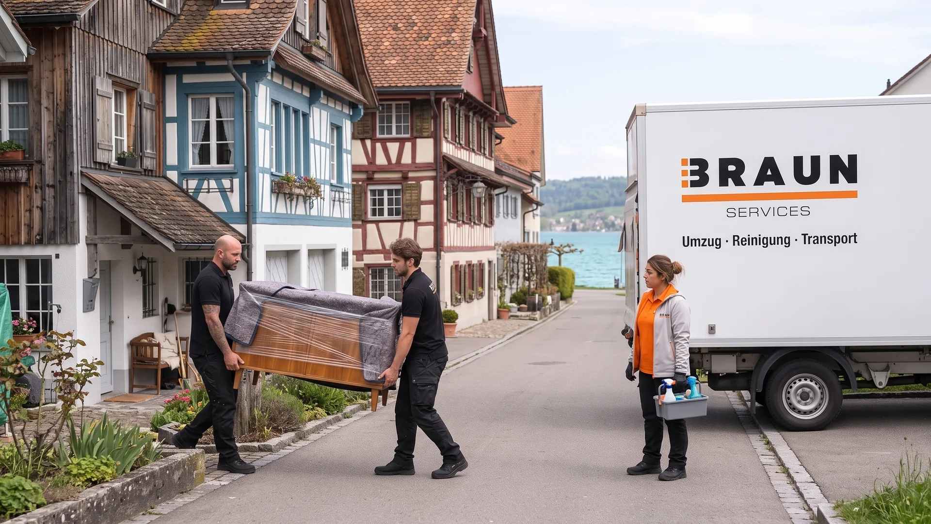 BRAUN-Umzugsteam trägt eine verpackte Kommode aus einem Riegelhaus in Ermatingen, am Ende der Gasse liegt der Untersee.