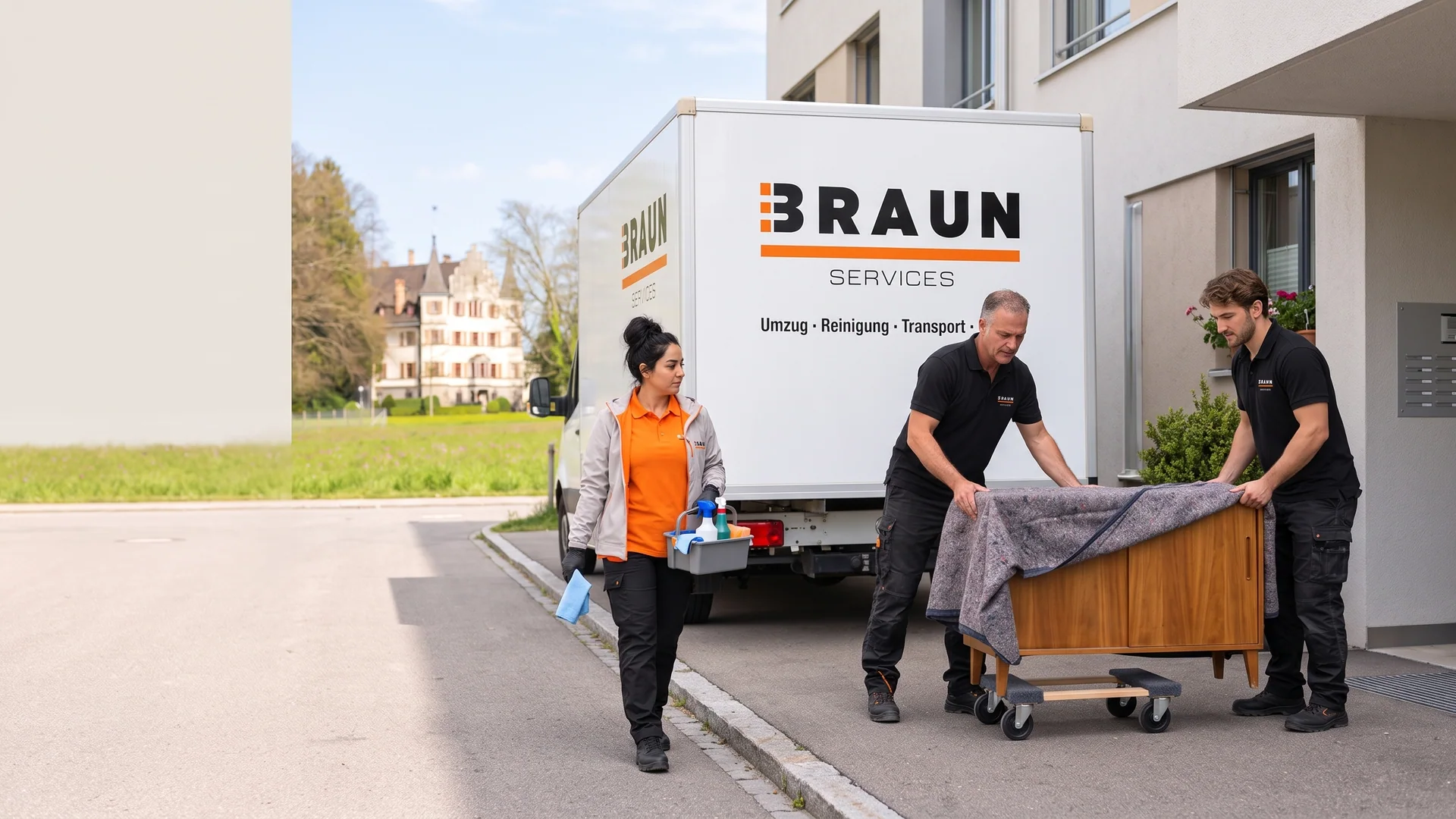 BRAUN-Umzugs- und Reinigungsteam bei einem Einsatz in Kreuzlingen mit dem Bodensee im Hintergrund.