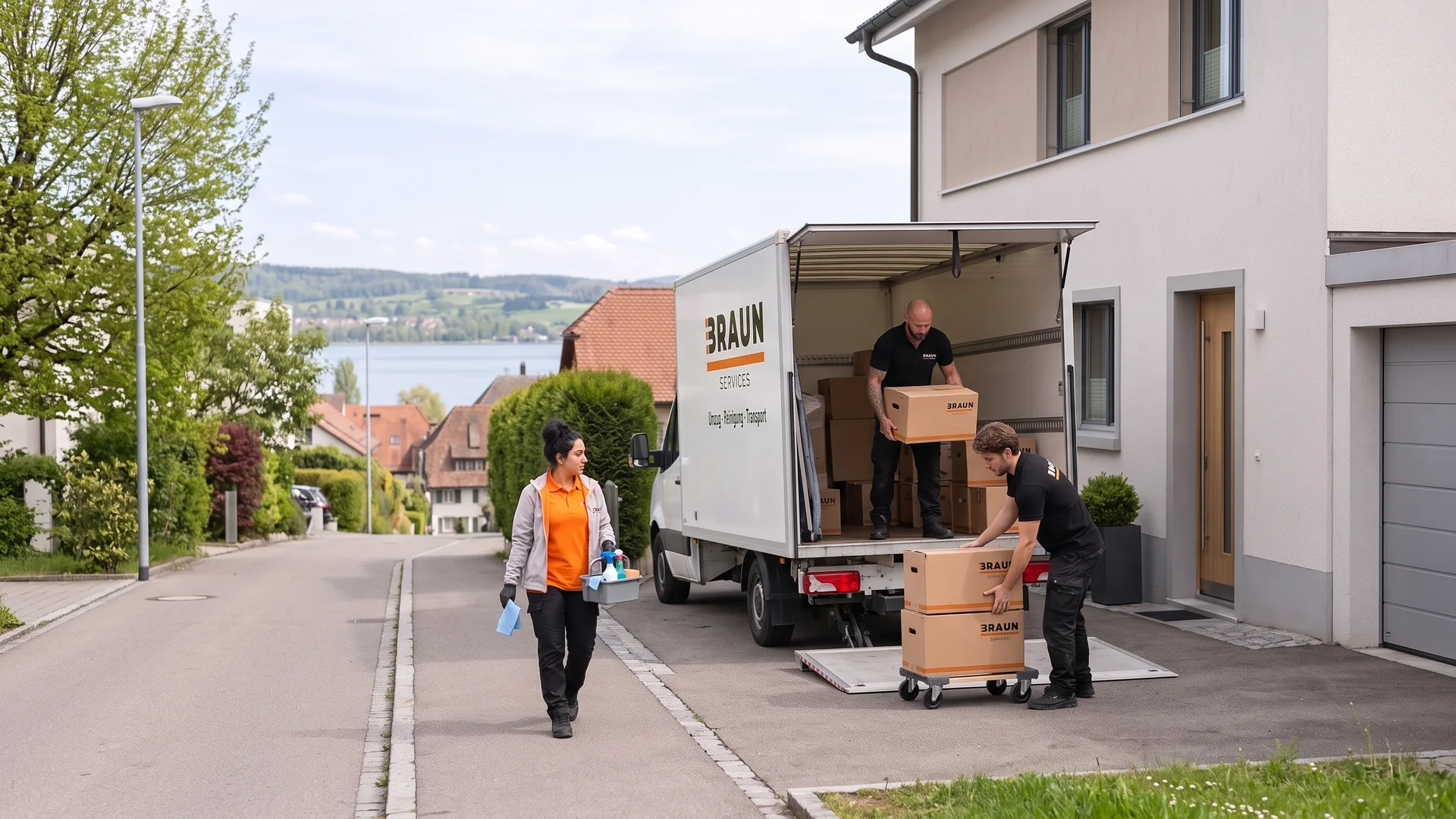 BRAUN-Umzugsteam lädt Umzugskartons an einem Einfamilienhaus in Münsterlingen aus, mit Blick auf den Bodensee.