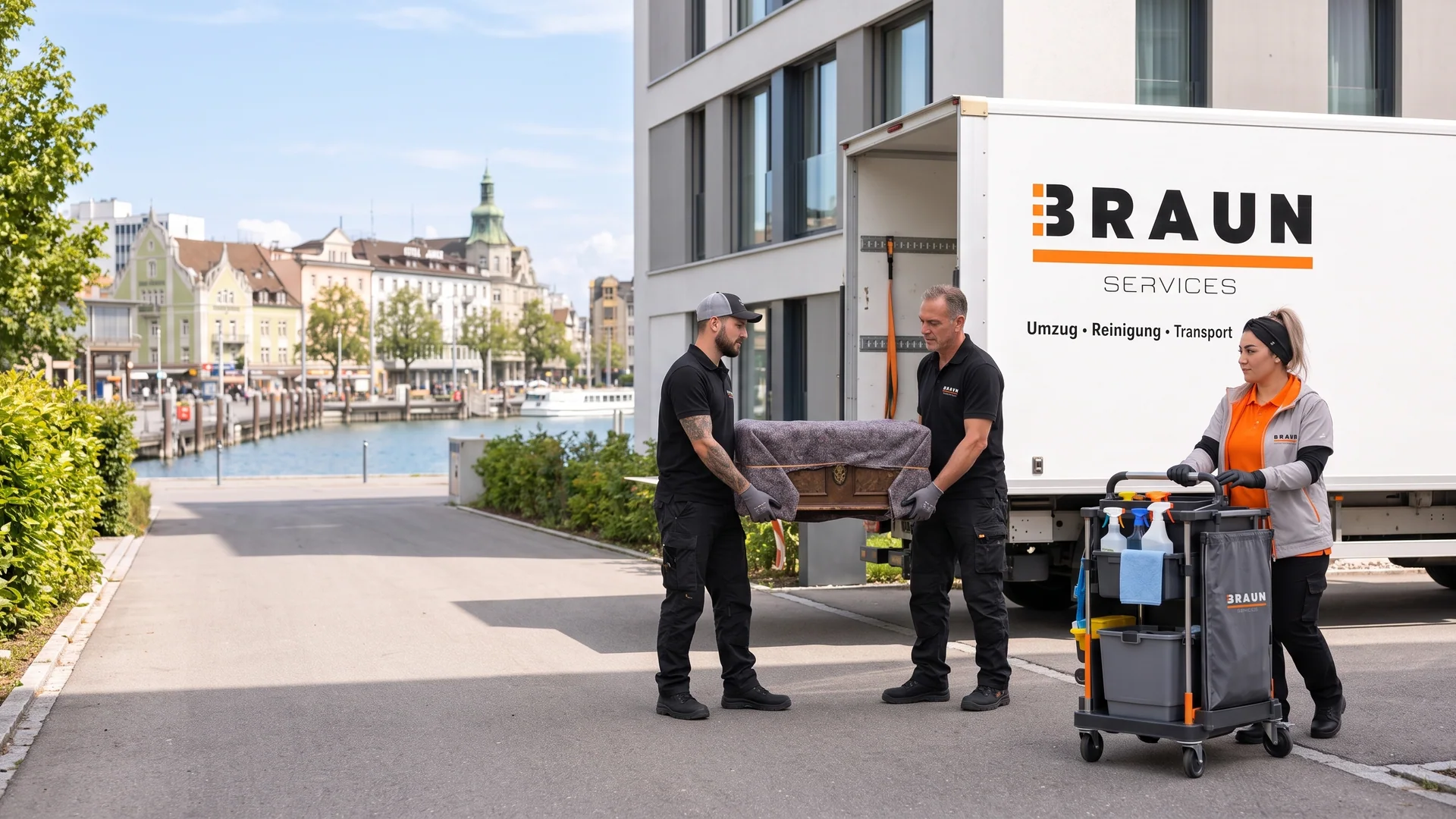 BRAUN-Team mit Möbelstück und Reinigungstrolley in Rorschach, mit Bodenseeufer im Hintergrund.