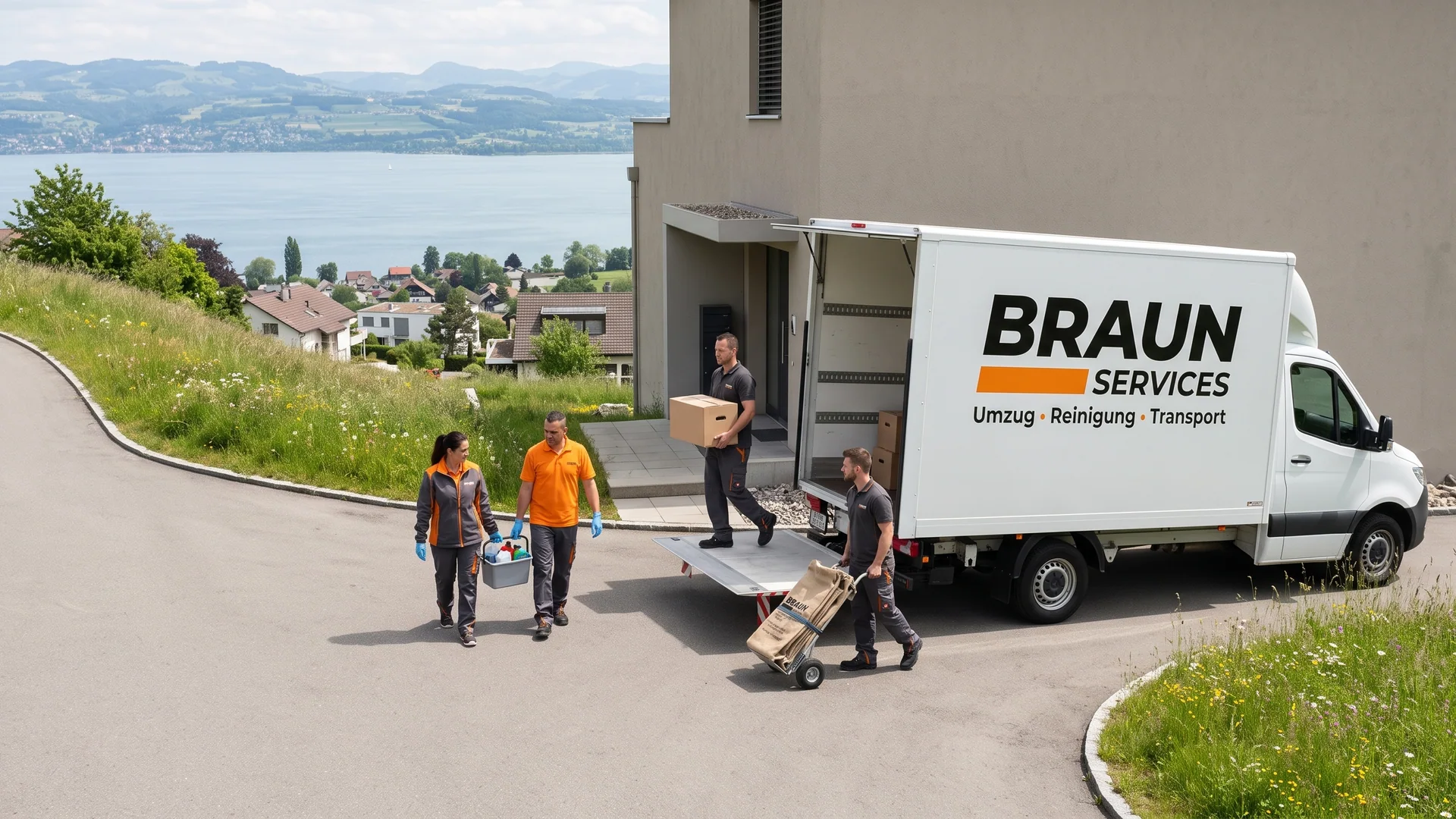 BRAUN-Team bei einem Einsatz an einem Hanghaus in Rorschacherberg mit Blick auf den Bodensee.