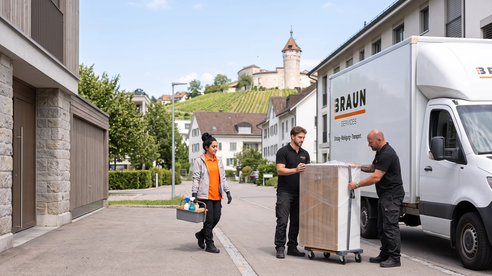 BRAUN-Team transportiert ein geschütztes Möbelstück in Schaffhausen, der Munot ist im Hintergrund zu sehen.