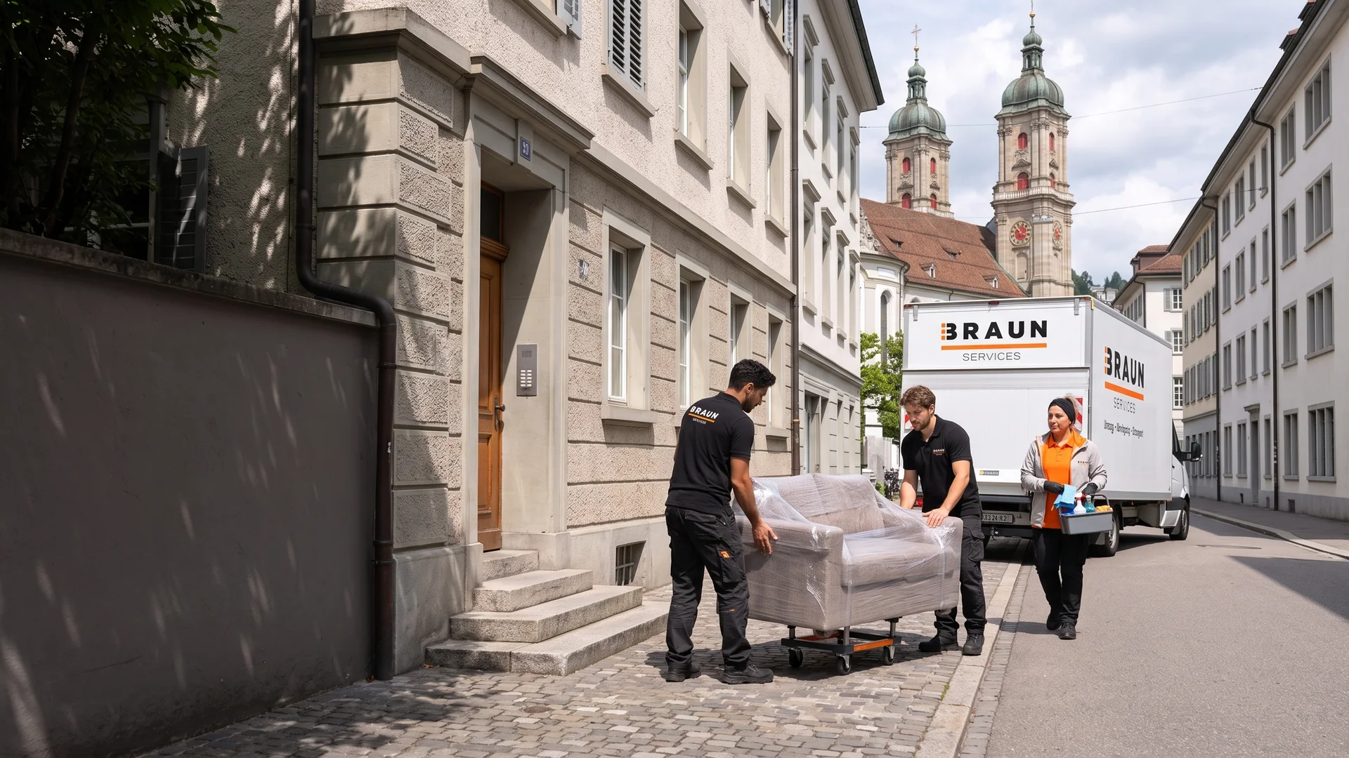 BRAUN-Team transportiert ein geschütztes Sofa in St. Gallen, die Kathedrale ist im Hintergrund zu sehen.