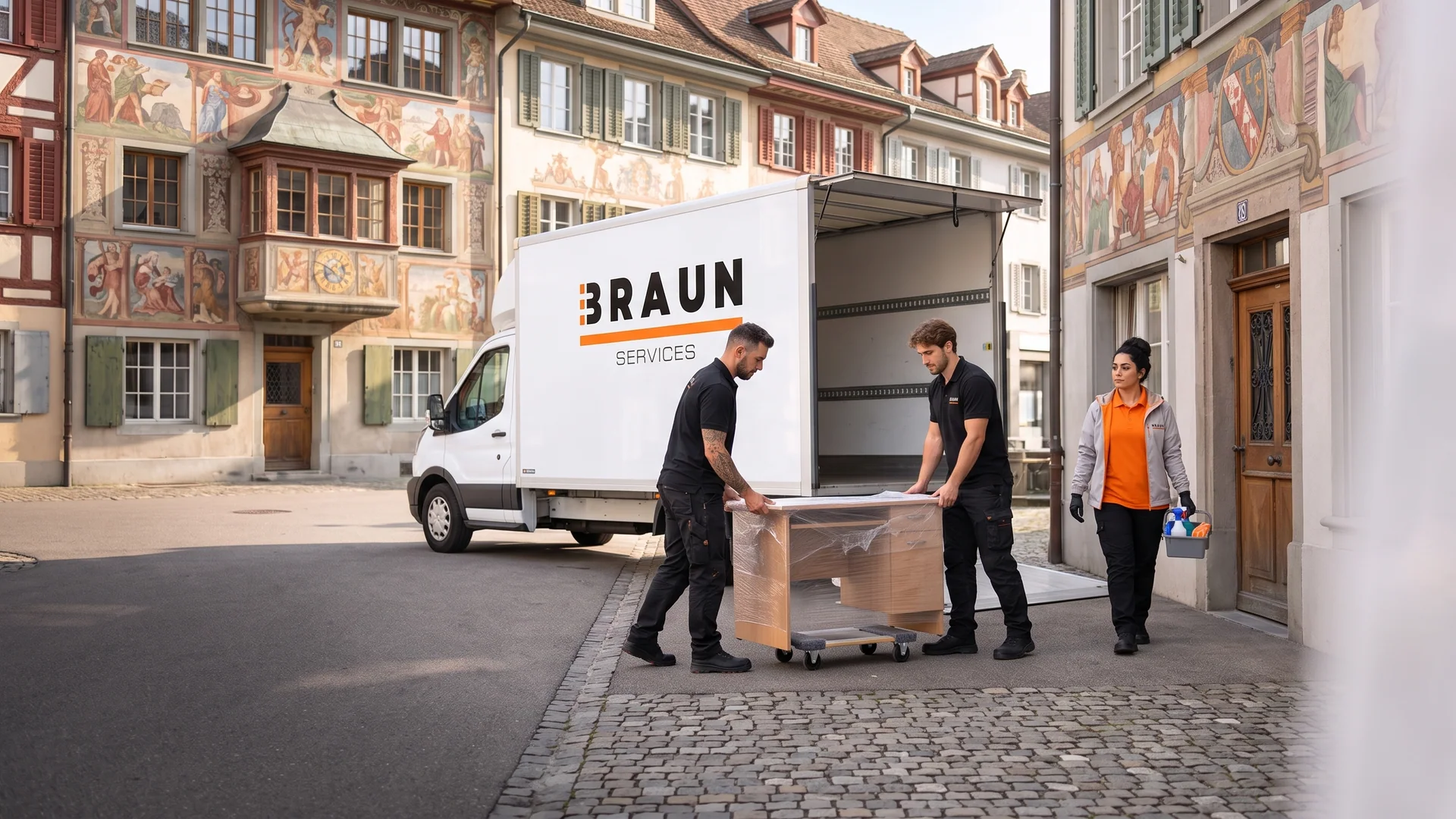 BRAUN-Team transportiert ein Möbelstück am Rand der historischen Altstadt von Stein am Rhein.
