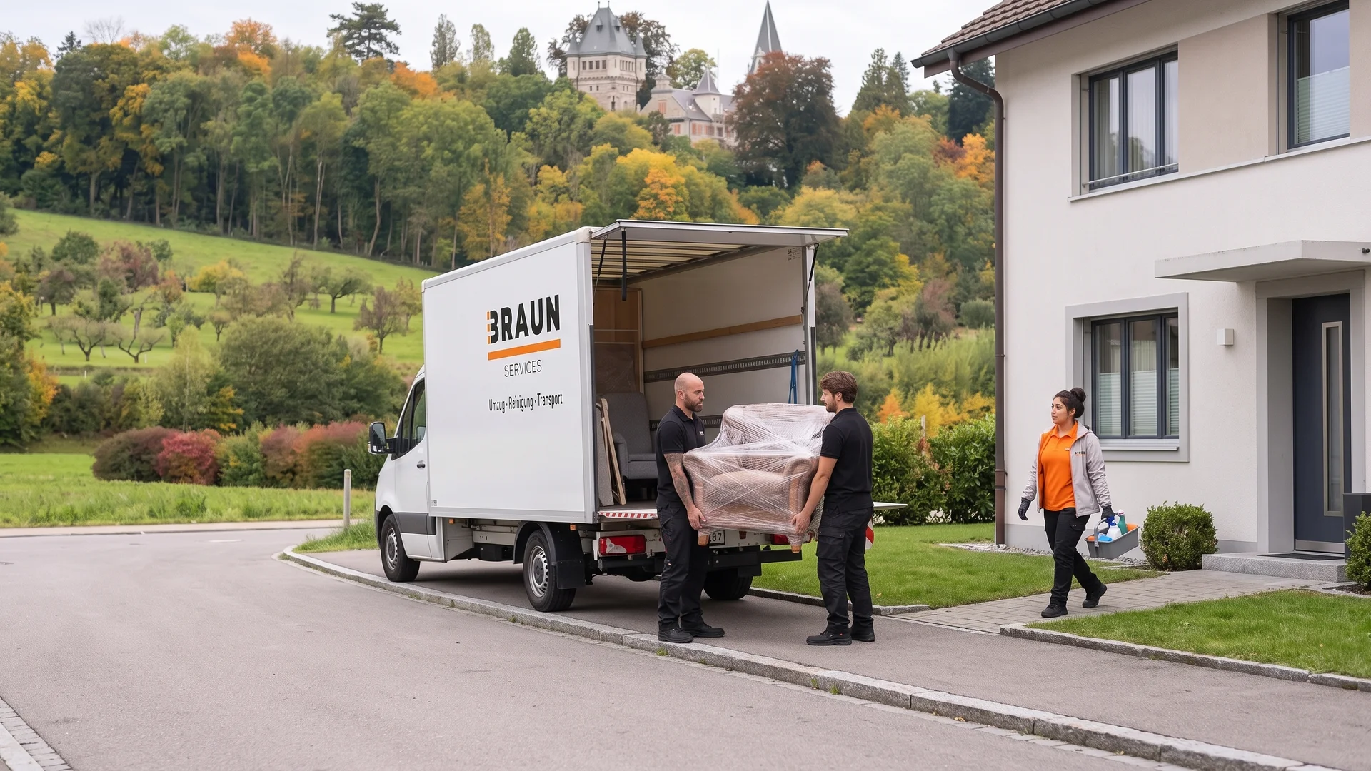 BRAUN-Umzugsteam trägt einen geschützten Sessel zum Umzugswagen in Tägerwilen, Schloss Castell ist im Hintergrund zu sehen.