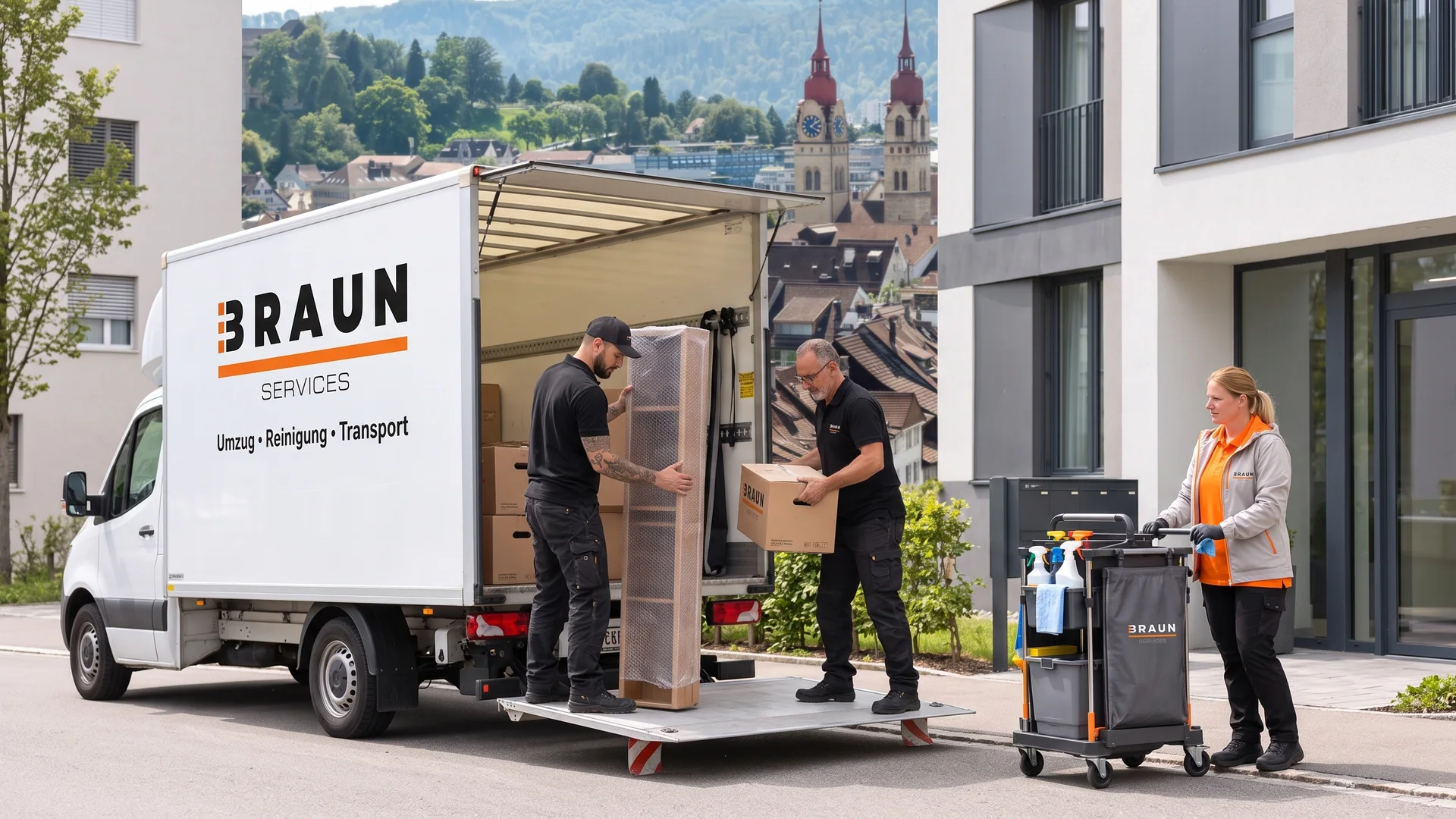 BRAUN-Team entlädt Möbel und Umzugskartons bei einem Einsatz in Winterthur.