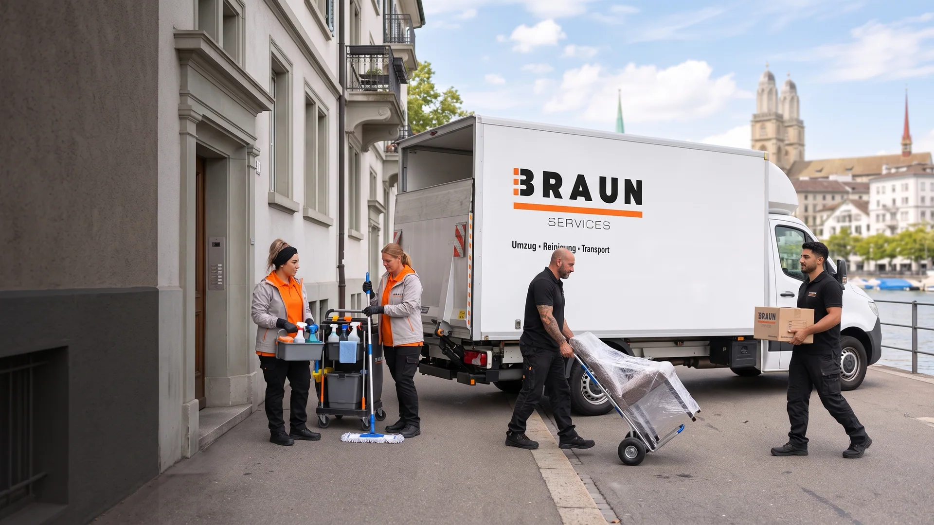 BRAUN-Team bei einem Stadtumzug in Zürich mit der Altstadt im Hintergrund.