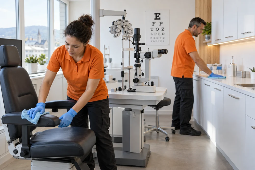 Zwei Reinigungskräfte reinigen Behandlungsstuhl und Arbeitsfläche in einer Augenarztpraxis. KI-generiertes Motiv.