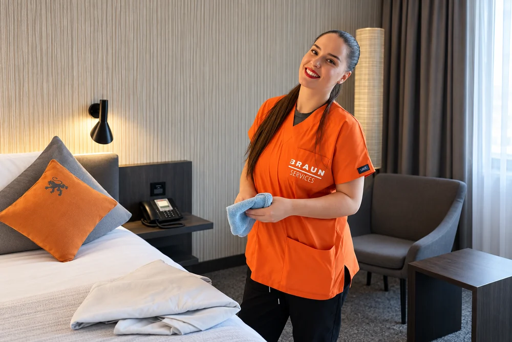 BRAUN-Mitarbeiterin mit blauem Reinigungstuch in einem Hotelzimmer. Mit KI aufgewertetes Originalfoto.