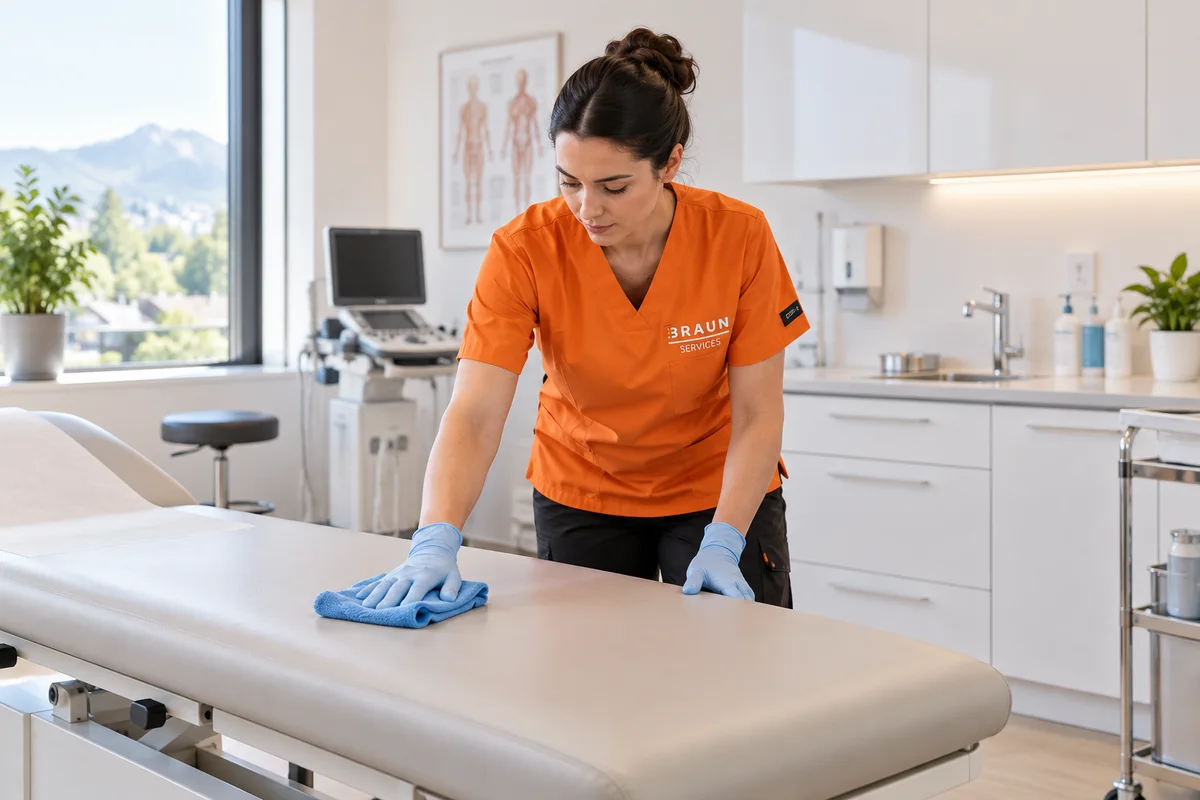 Reinigungskraft wischt eine Behandlungsliege. Beispielbild zur Praxisreinigung, keine Medbase-Kundenaufnahme.