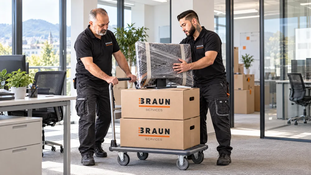 Zwei BRAUN-Mitarbeiter transportieren Bürokartons und einen geschützten Monitor auf einem Rollwagen.