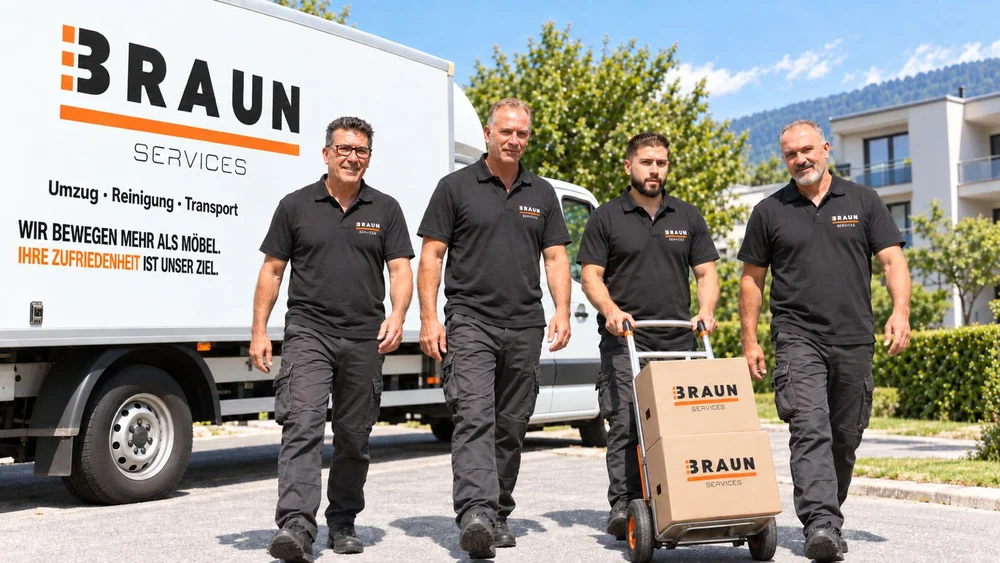Vier BRAUN-Mitarbeiter mit Kartons vor ihrem Umzugswagen.