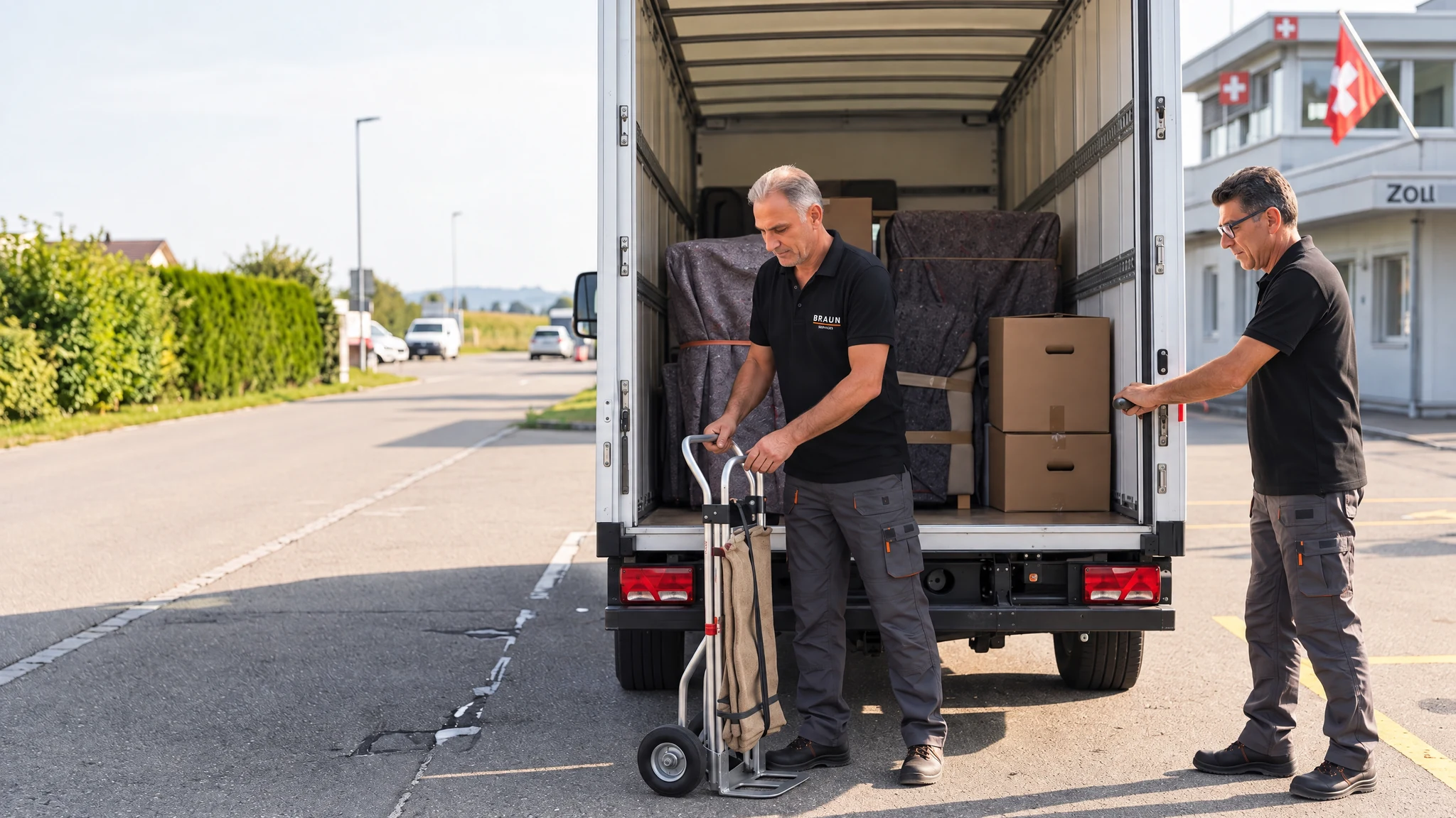 Zwei BRAUN-Mitarbeiter bereiten ihren beladenen Umzugswagen am Schweizer Zoll für die Weiterfahrt vor.