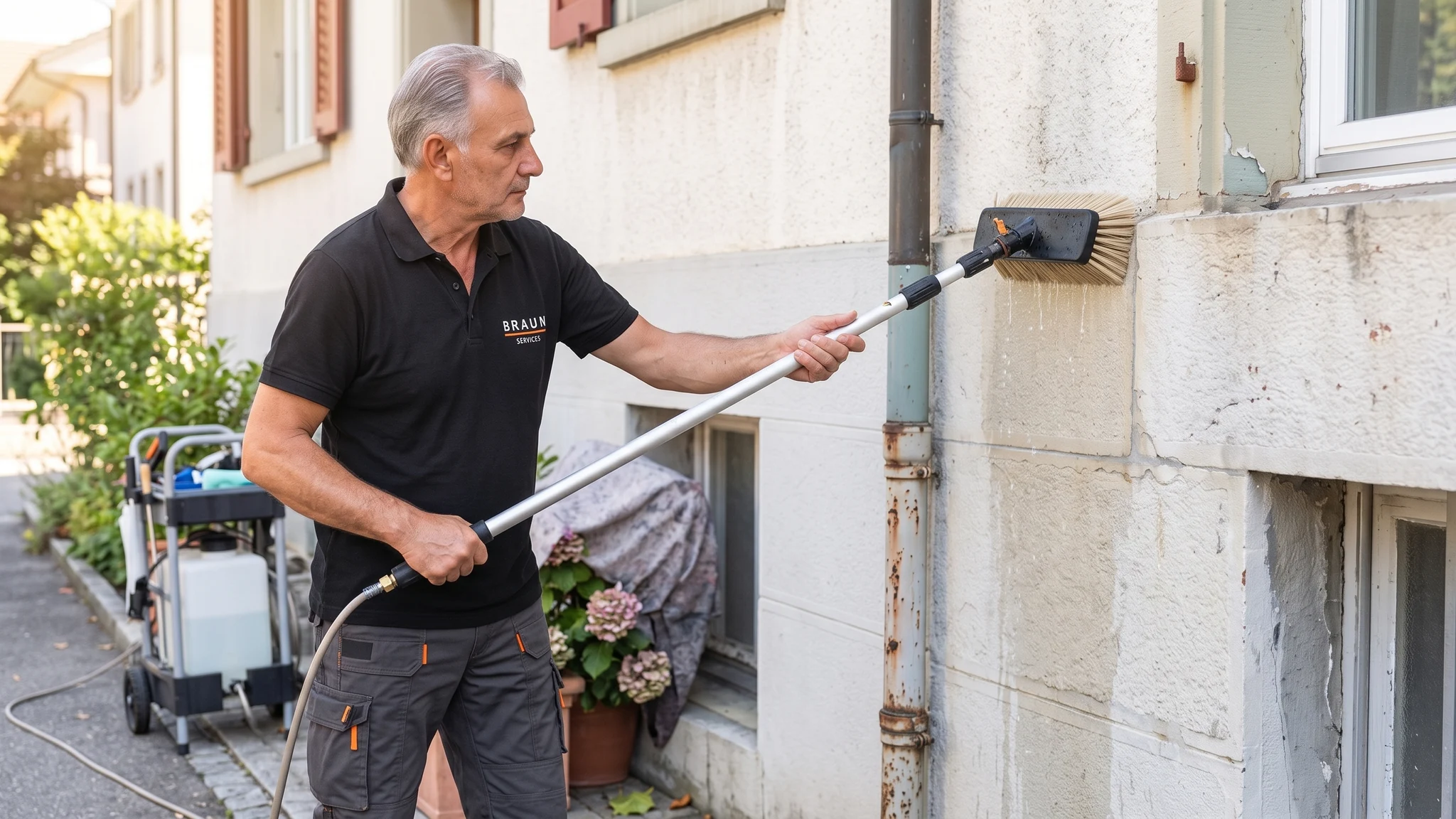 Ein BRAUN-Mitarbeiter reinigt die Fassade mit einer weichen Wandbürste an einer wasserführenden Teleskopstange.