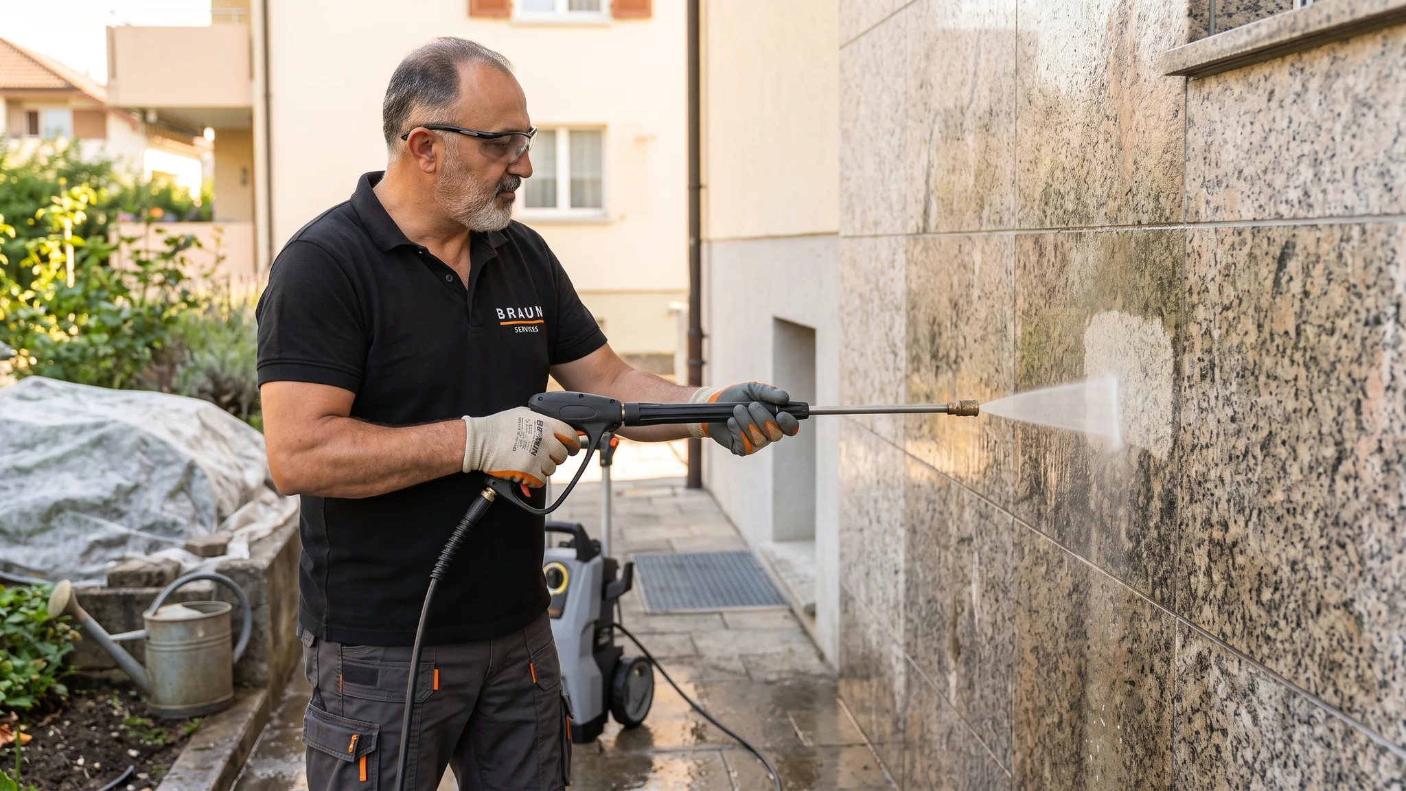 Ein BRAUN-Mitarbeiter testet die Fassadenreinigung mit einer Hochdrucklanze an einer kleinen Steinfläche.
