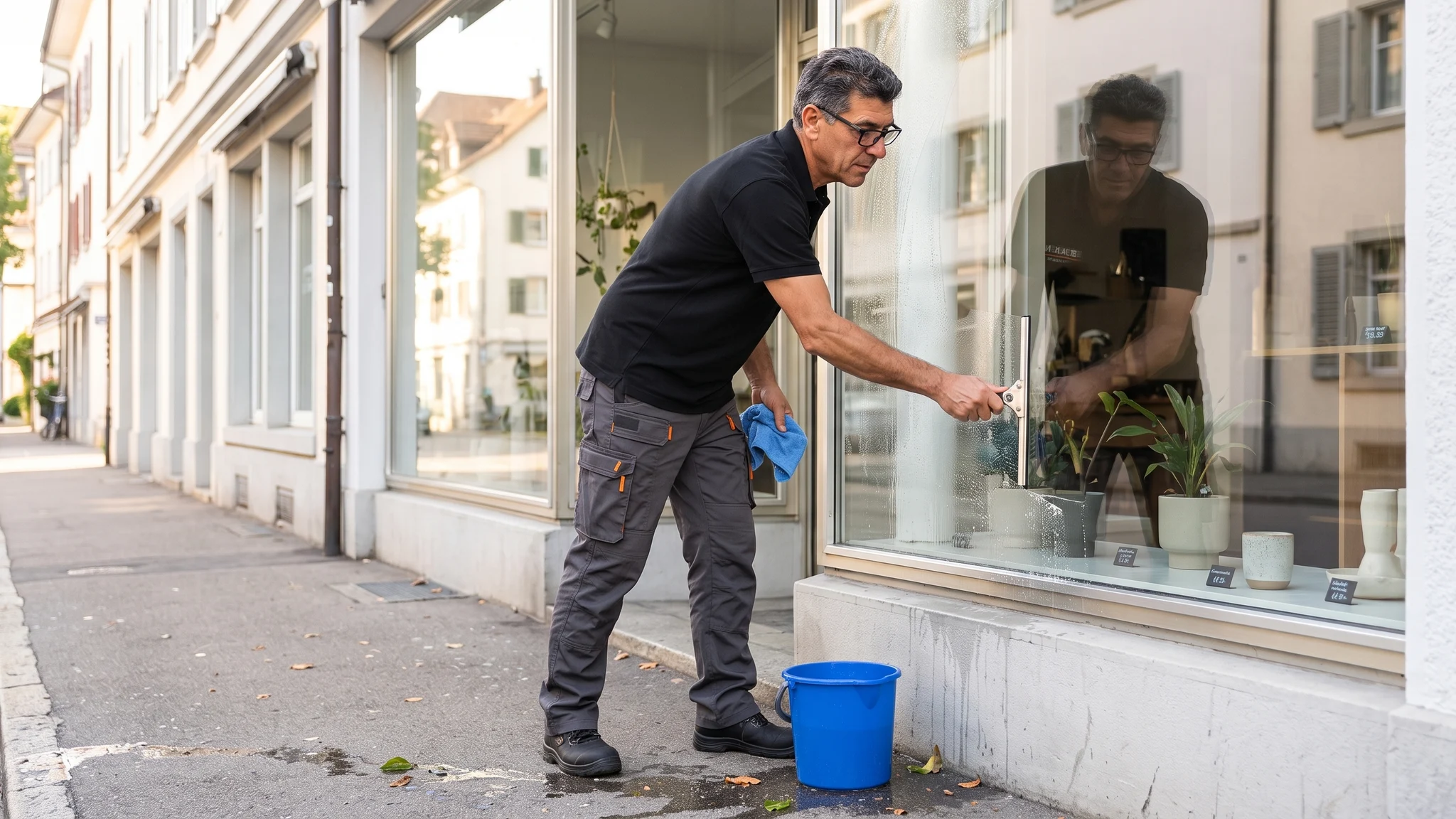 Ein BRAUN-Mitarbeiter zieht ein Schaufenster mit einem professionellen Fensterabzieher sauber.
