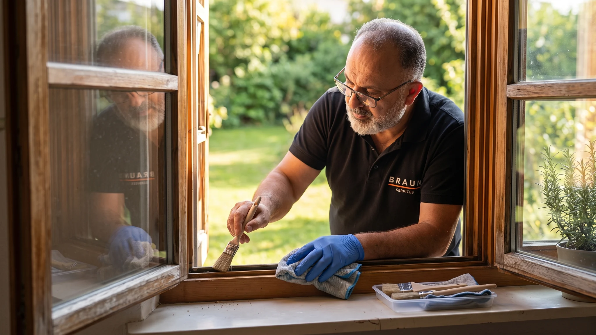 Ein BRAUN-Mitarbeiter säubert die Falze eines geöffneten Holzfensters mit Bürste und Tuch.
