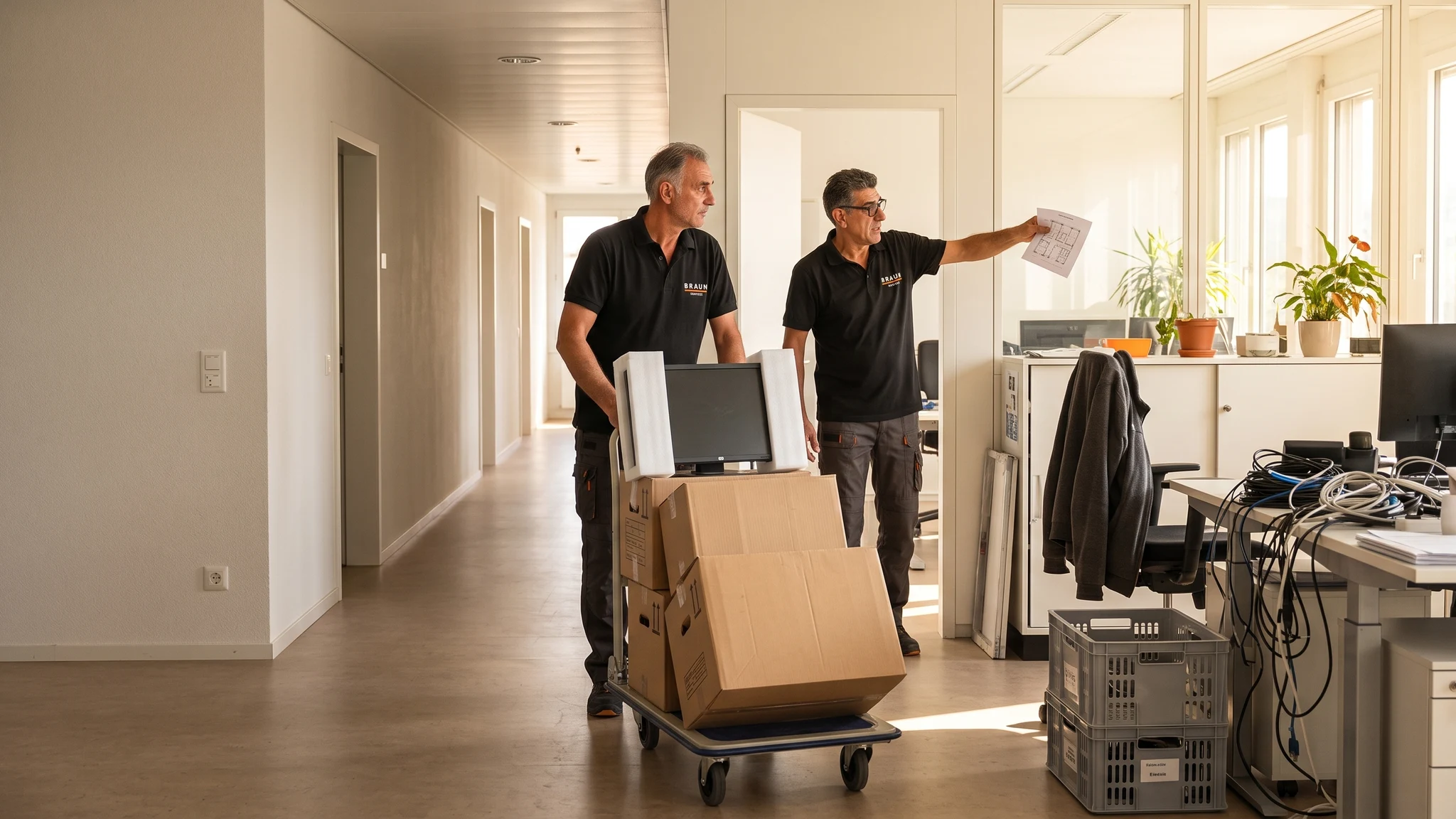 Zwei BRAUN-Mitarbeiter koordinieren den Transport von Büroinventar zum passenden Raum.