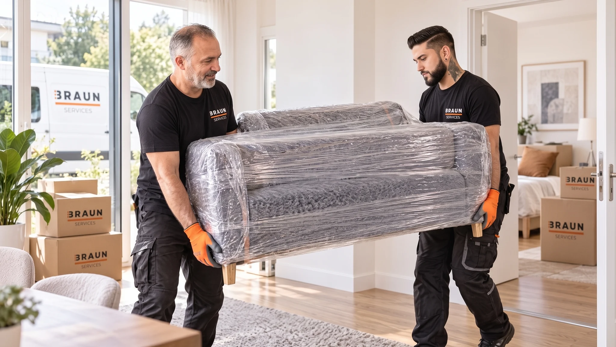 Zwei BRAUN-Mitarbeiter tragen ein geschütztes Sofa durch ein wohnliches Zuhause mit Pflanzen und Umzugskartons.
