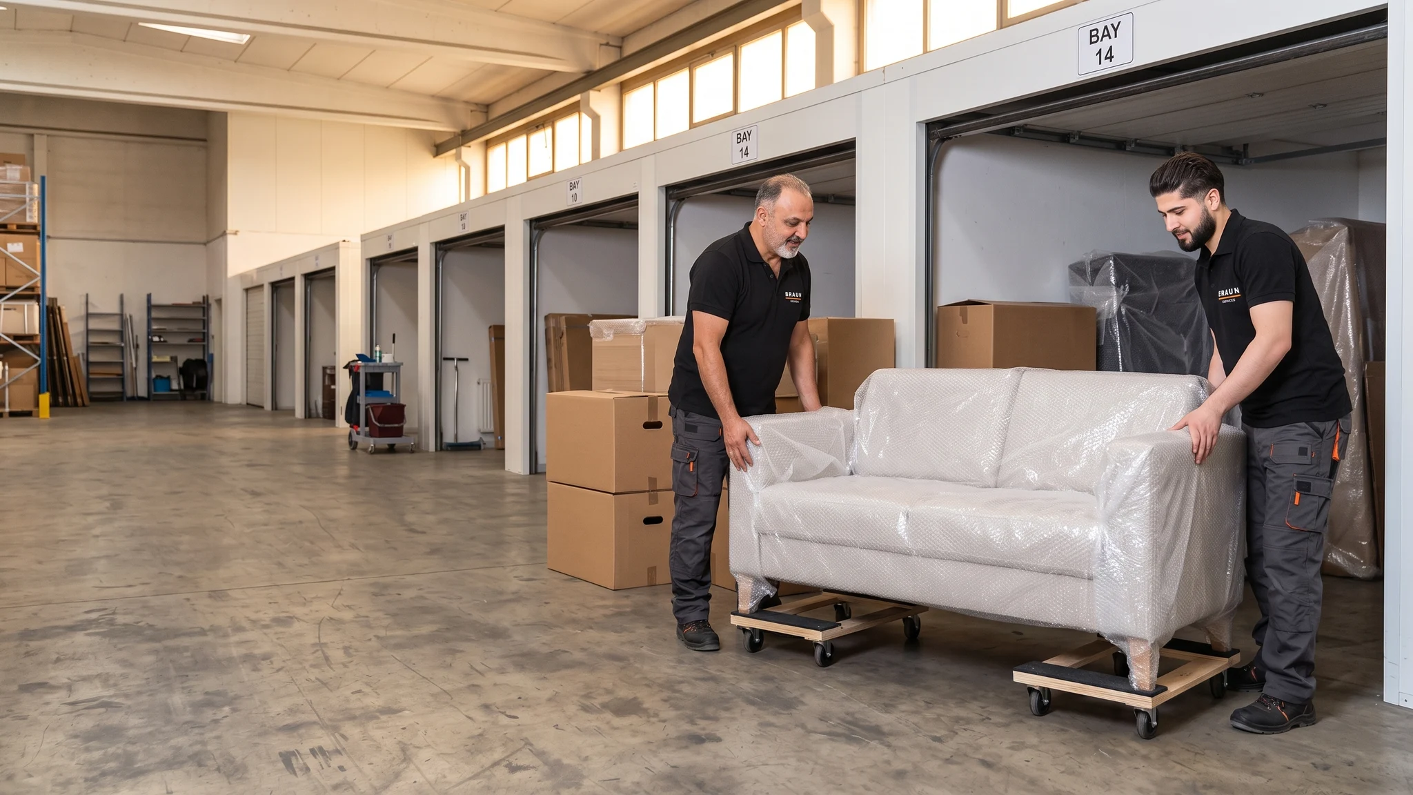 Zwei BRAUN-Mitarbeiter bringen ein geschütztes Sofa in einen Lagerbereich.