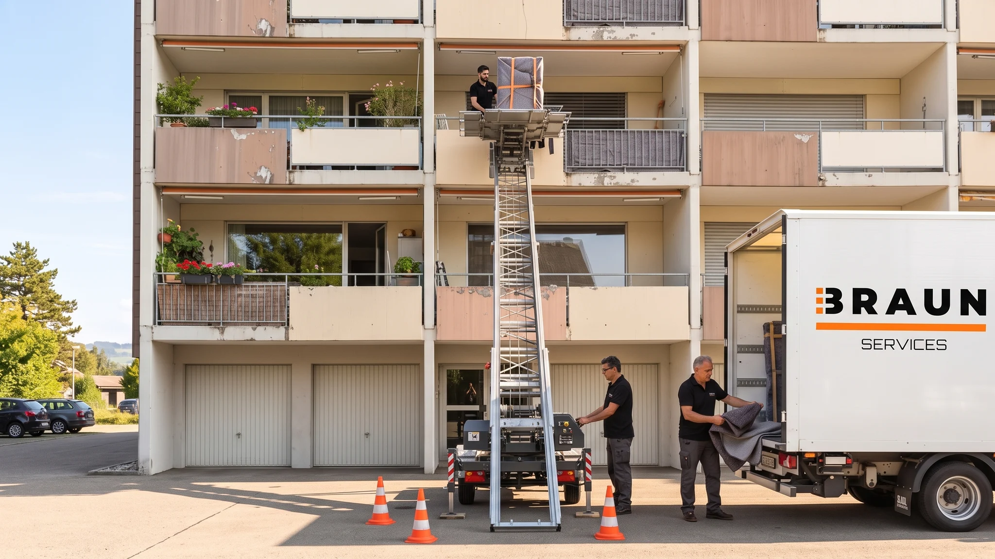 Drei BRAUN-Mitarbeiter bedienen einen Möbellift bis zur zweiten Etage über dem Erdgeschoss; daneben steht ein deutlich beschrifteter BRAUN-Umzugswagen.