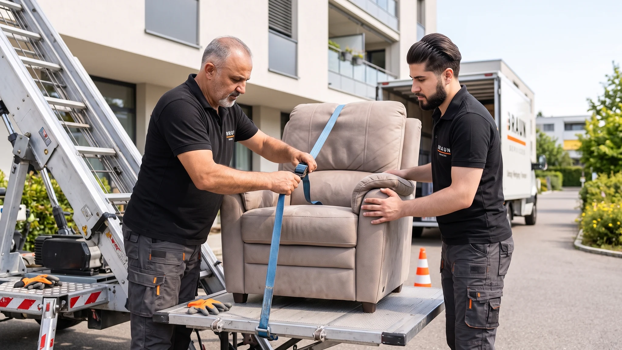 Zwei BRAUN-Mitarbeiter sichern einen geschützten Sessel auf der abgesenkten Möbellift-Plattform.