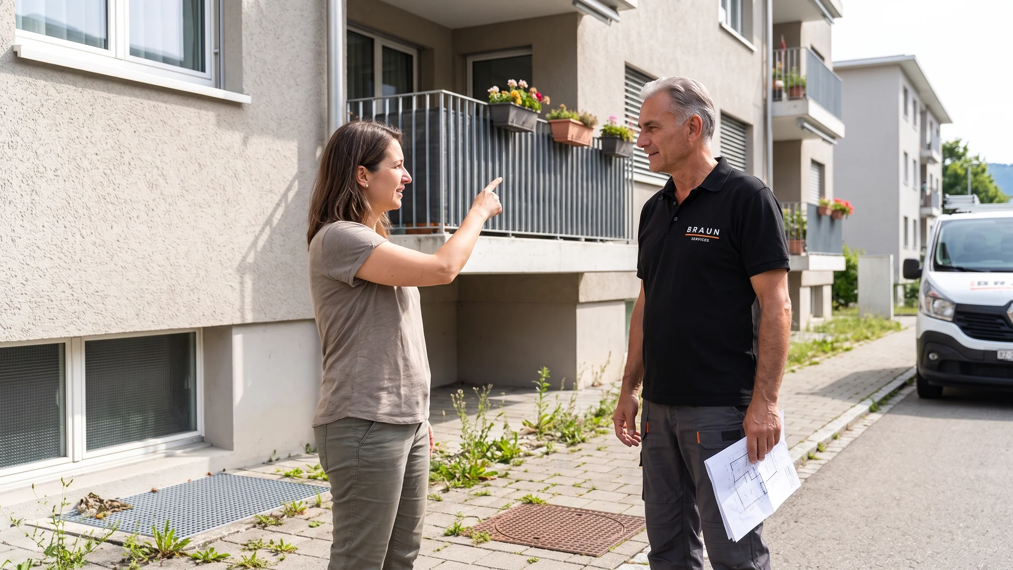 Ein BRAUN-Mitarbeiter klärt mit einer Kundin den Balkonzugang für den Möbellift.