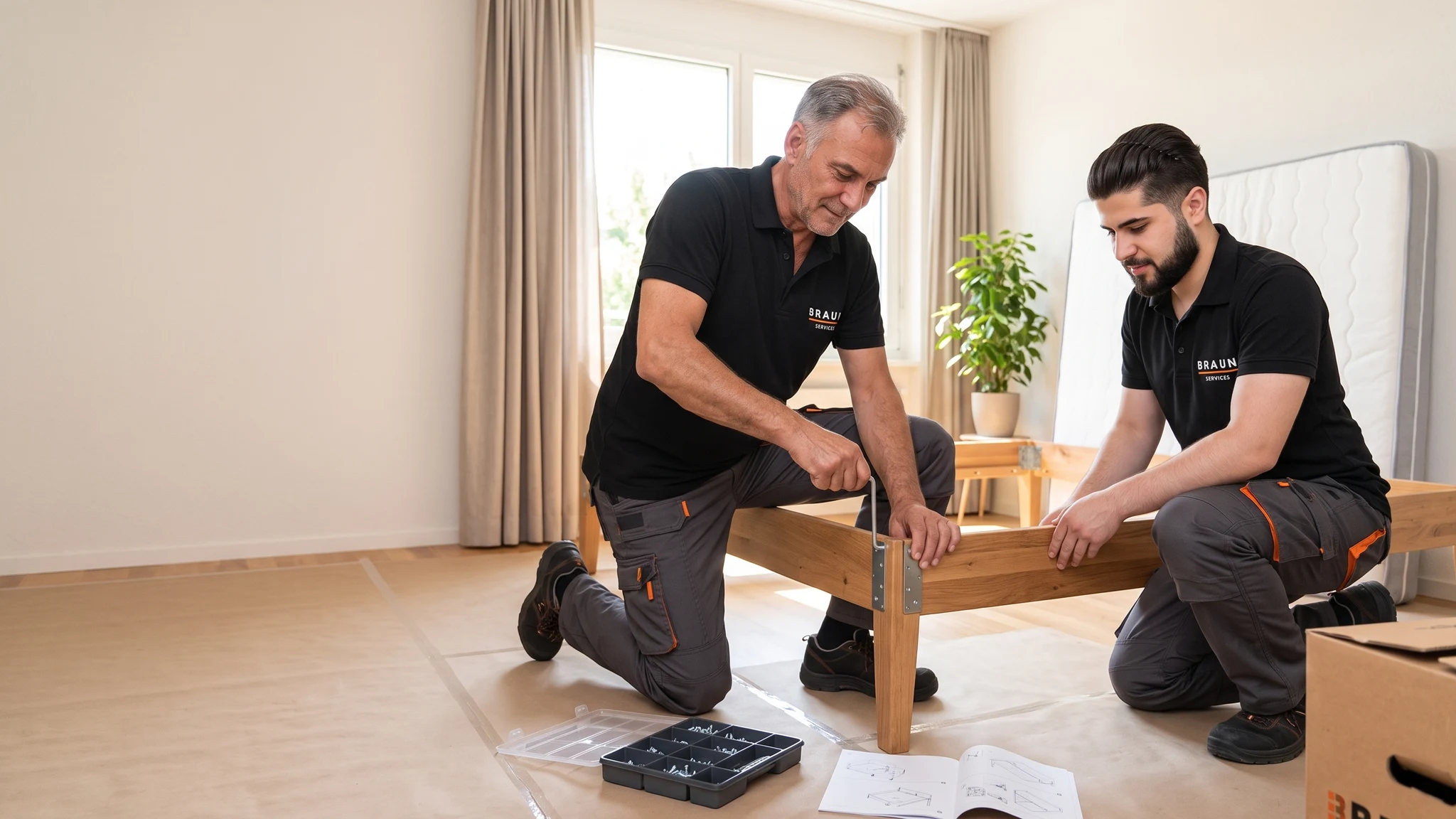 Zwei BRAUN-Mitarbeiter bauen gemeinsam ein Bettgestell auf.