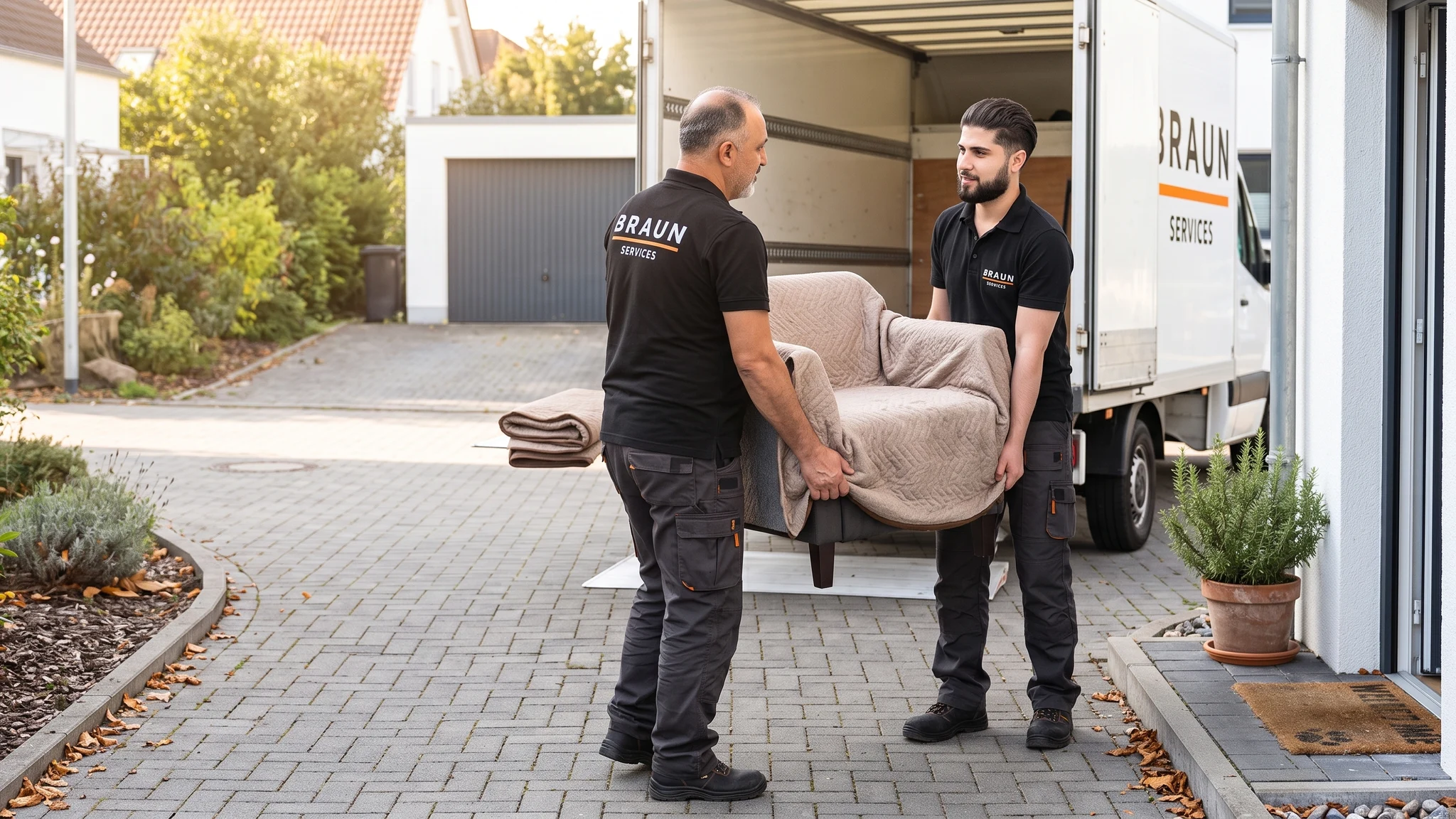 Zwei BRAUN-Mitarbeiter tragen einen geschützten Sessel vom Umzugswagen zum Hauseingang.