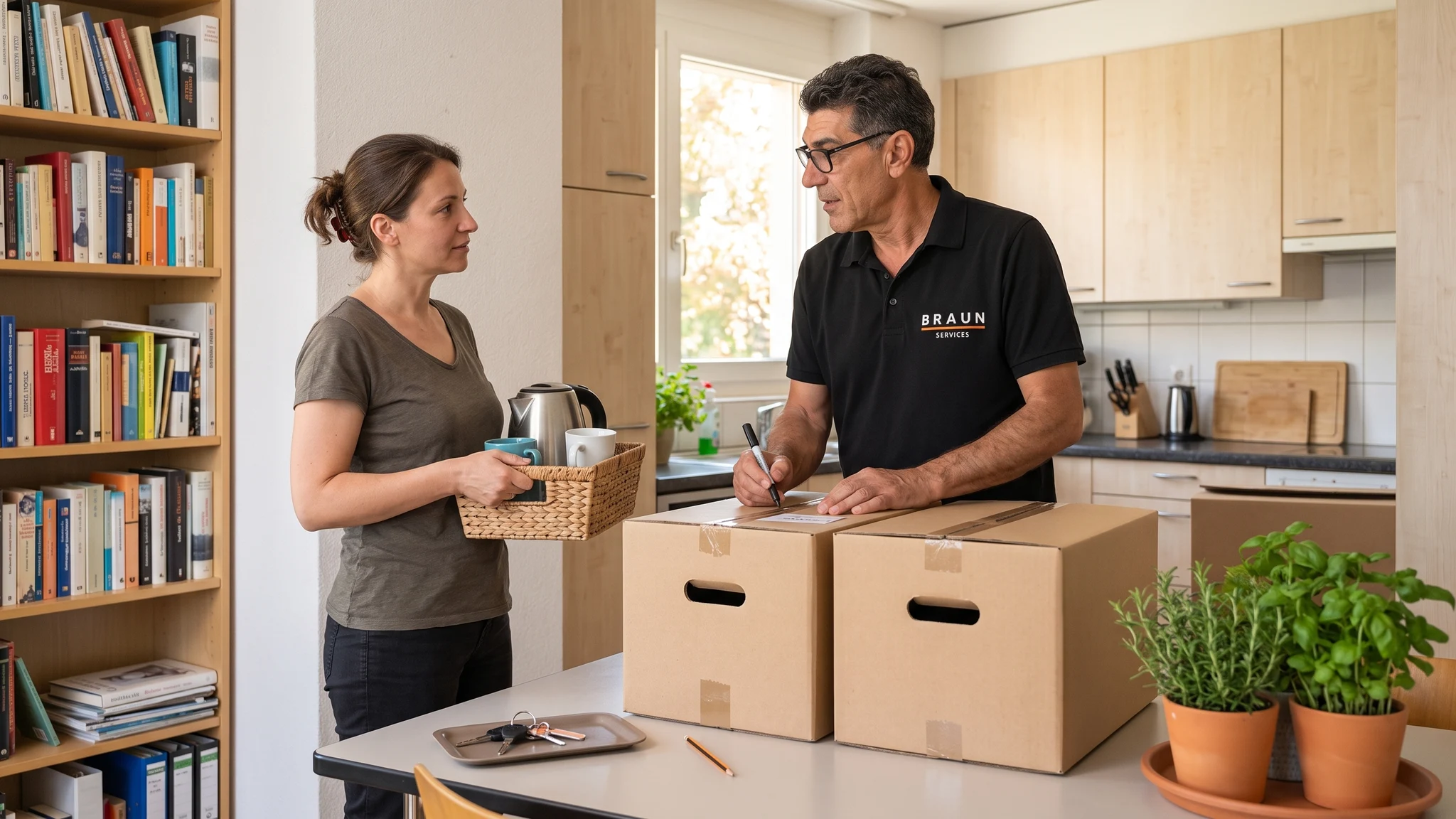 Ein BRAUN-Mitarbeiter stimmt mit einer Kundin ab, welche Gegenstände eingepackt werden.
