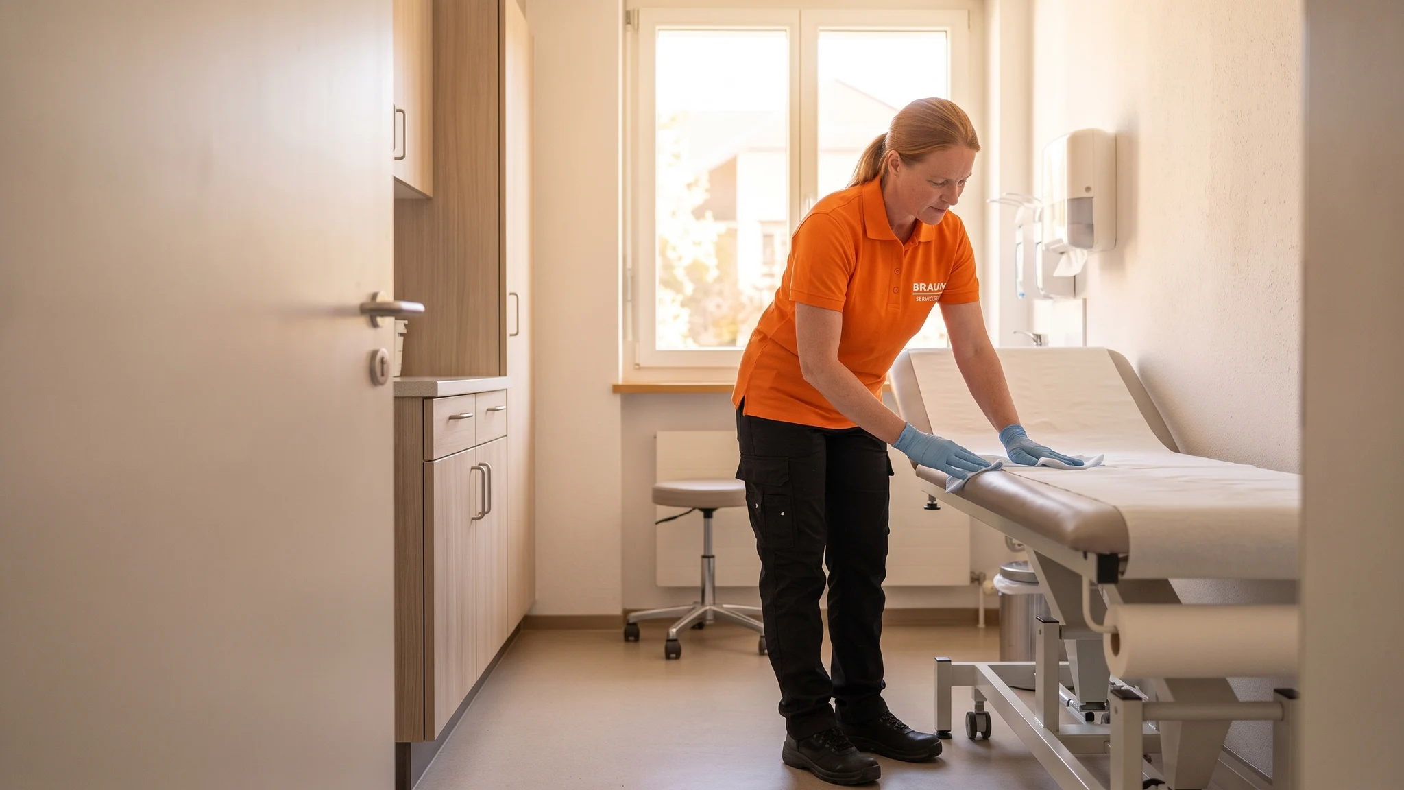 Eine BRAUN-Mitarbeiterin reinigt mit Handschuhen die Polsterfläche einer Untersuchungsliege.