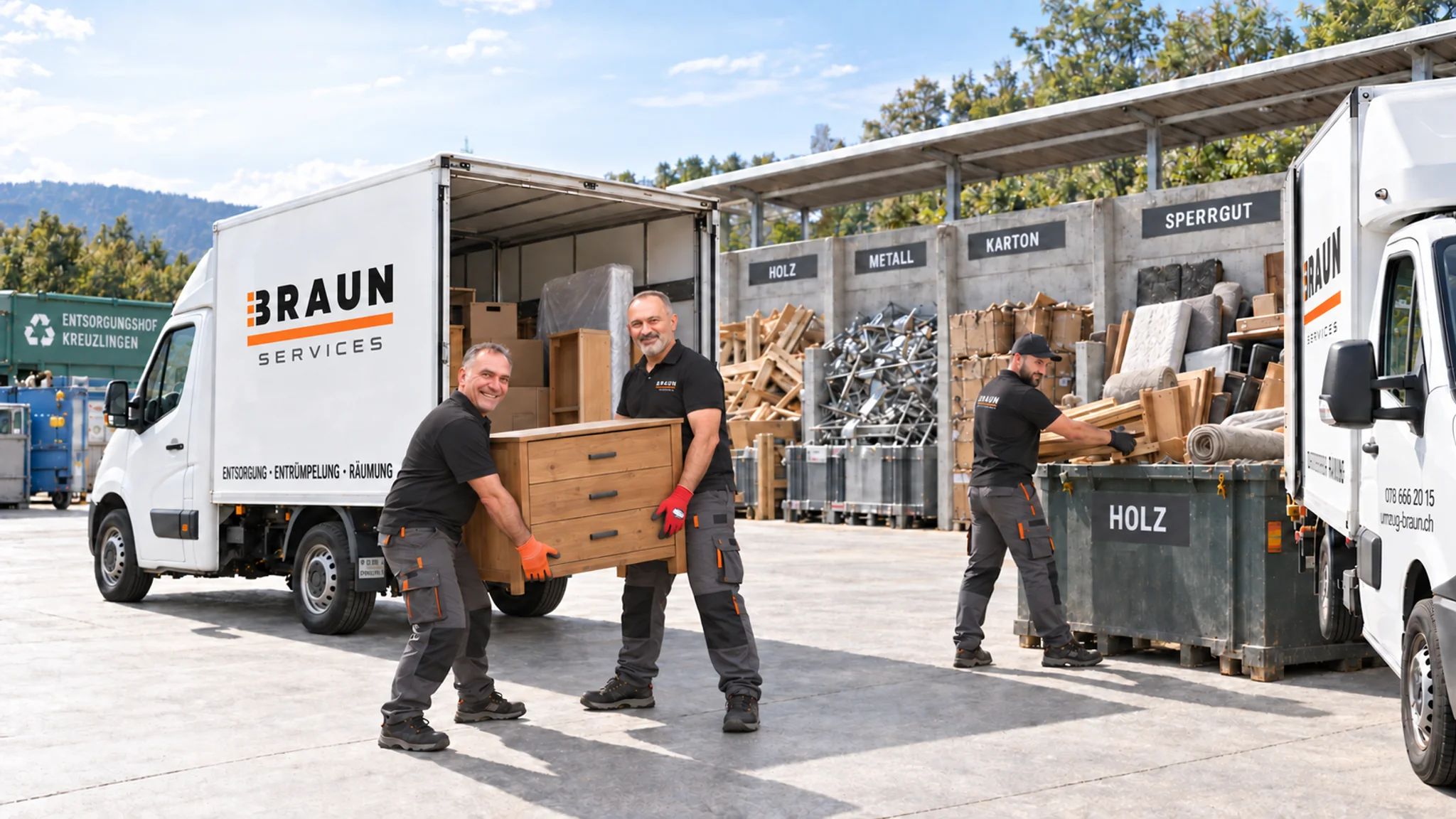 Zwei BRAUN-Mitarbeiter heben gemeinsam eine schwere alte Massivholzkommode in einen Entsorgungscontainer.
