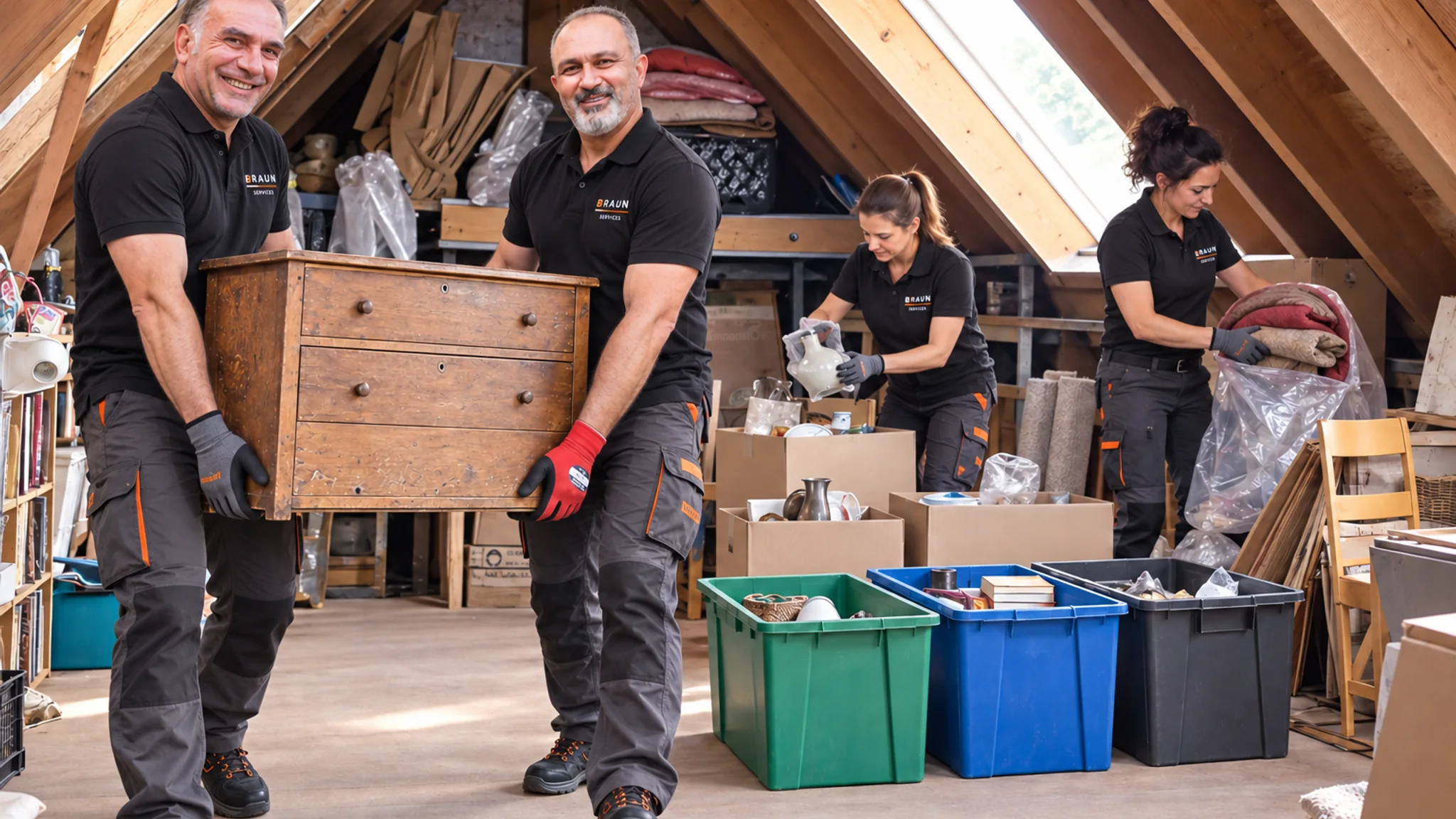 Ein BRAUN-Mitarbeiter transportiert ausgediente Bürostühle aus einem Lagerraum.