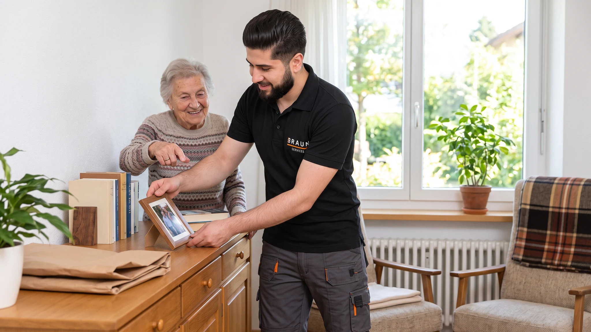 Ein BRAUN-Mitarbeiter richtet persönliche Gegenstände nach den Wünschen einer älteren Kundin ein.
